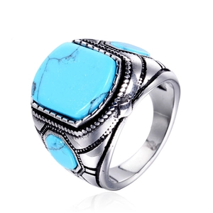 Retro Stainless Steel Turquoise Ring For Men Ethnic Carved Band Antique Silver Plated Bohemian Fashion Jewelry Ring