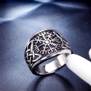 Vintage Viking Vegvisir compass ring in stainless steel with Celtic knots on display