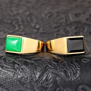 Mens gold stainless steel signet rings with black onyx and green gemstone inlays