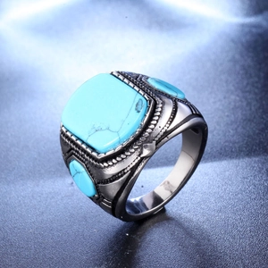 Retro stainless steel men's ring with sky blue turquoise in a silver polished finish