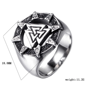 Detail shot of Viking Valknut ring with 18.8mm face diameter and 11.2g weight specs