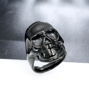 Macro shot of men's gothic skull ring featuring matte black electroplated stainless steel finish