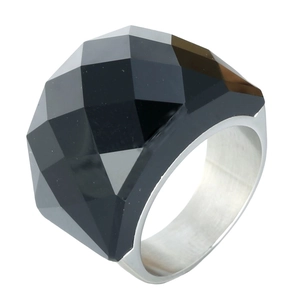 Bague tendance avec grand cristal noir facetté et anneau en acier inoxydable argenté