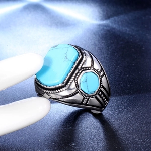 Vintage stainless steel ring featuring sky blue turquoise stones and engraved floral details