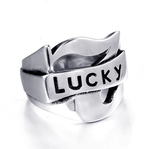 Minimalist silver stainless steel ring with LUCKY engraving in a vintage ribbon design