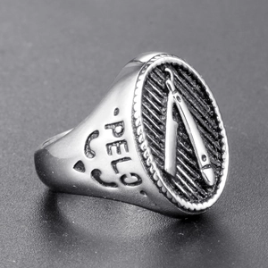 Anello sigillo vintage da uomo in acciaio con rasoio da barbiere e incisione PELO laterale
