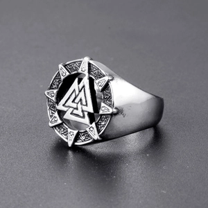 Nordic Viking Valknut ring for men in retro silver stainless steel with rune details