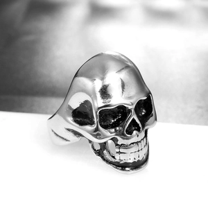 Macro shot of polished stainless steel skull ring with dark oxidized detailing for men