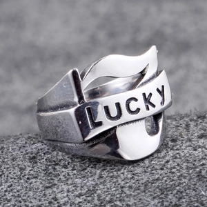 Stainless Steel Lucky Letter Wave Ring Vintage Punk Gothic Style Wide Band Ring For Men Women Fashion Jewelry Gift