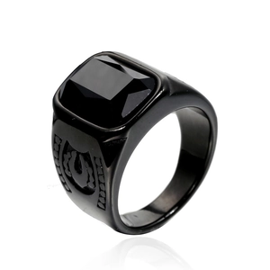 Men's punk black ring with large rectangle gemstone and engraved horseshoe sides