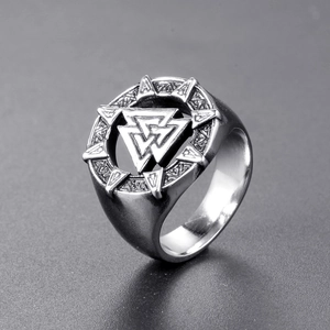 Men's vintage stainless steel Viking Valknut ring with Norse runes and industrial finish