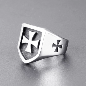 Vintage stainless steel cross ring with shield design for men in retro silver finish