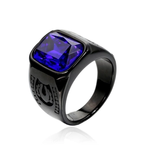 Men's retro black steel ring with large square blue gemstone and side carvings