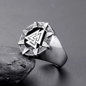 Men's titanium steel Valknut ring with vintage silver finish and Nordic mythology motifs