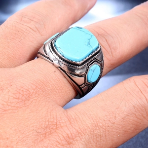 Men's vintage stainless steel ring with blue turquoise stone and engraved details