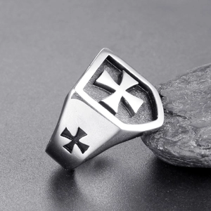 Vintage stainless steel signet ring for men featuring an engraved Maltese cross on a shield