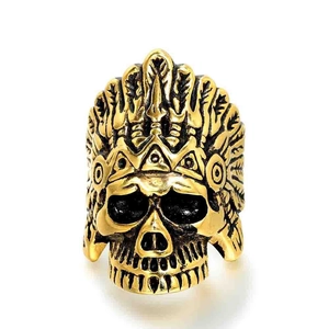 Polished stainless steel maple leaf skull ring with retro feather headdress design