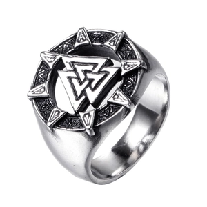 Nordic Viking Valknut ring in matte stainless steel with geometric engravings