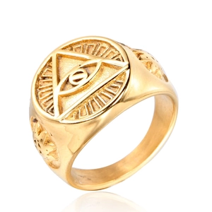 Golden stainless steel signet ring featuring embossed Evil Eye and triangle symbol