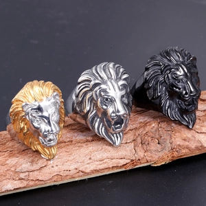 Vintage stainless steel lion head rings for men in gold, silver, and matte black finishes