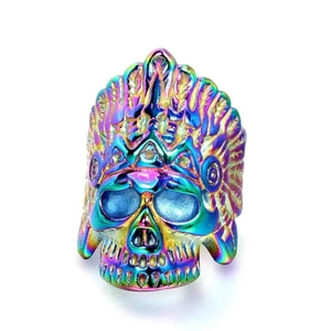 Gothic iridescent skull ring with feathered native headdress in vibrant metallic gradient