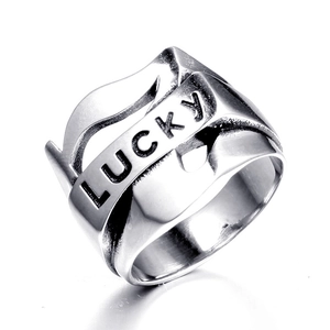 Minimalist silver stainless steel wide ring with LUCKY embossed letters for women