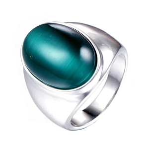 Bague rétro en acier inoxydable avec grosse pierre œil de chat verte ovale en argent poli