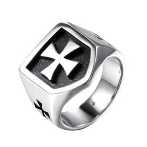 Men's stainless steel signet ring featuring Maltese cross relief and black sandblasted finish