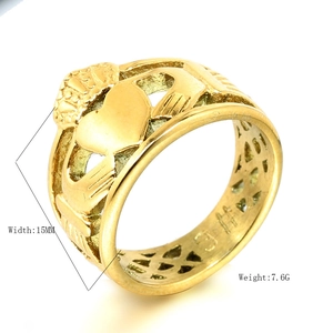 Bague Claddagh dorée avec couronne et cœur ajourés, anneau en acier inoxydable de 15 mm