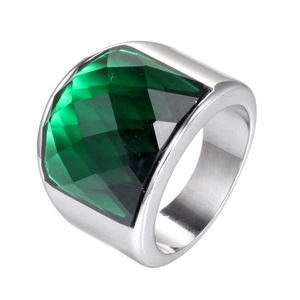 Vintage signet ring for men with large square emerald green stone and silver steel band