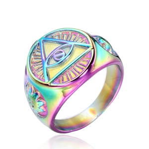 Iridescent stainless steel signet ring for men with Eye of Providence and floral motifs