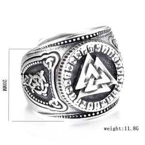 Detail of vintage Valknut ring with Norse runes, 20mm height and 11.8g stainless steel weight