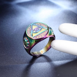 Rainbow plated stainless steel evil eye ring with all-seeing eye design for men