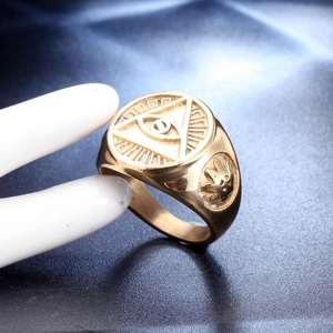 Vintage gold stainless steel signet ring for men featuring the Eye of Providence symbol