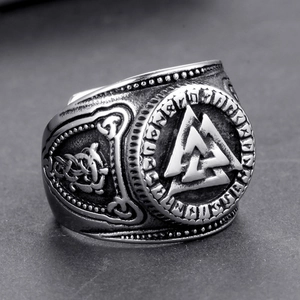 Nordic Viking Valknut Runes Ring 316L Stainless Steel Vintage Celtic Knot Adjustable Band Ring For Men Women Jewelry Gift