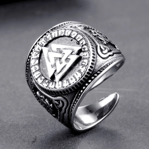 Viking Valknut ring in retro stainless steel with Norse runes and adjustable open band