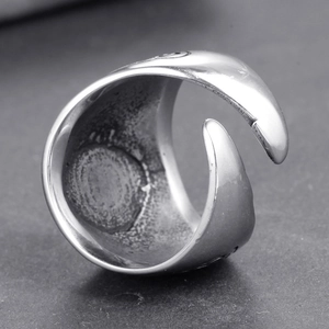 Polished silver stainless steel open ring with a vintage layered wrap-around design