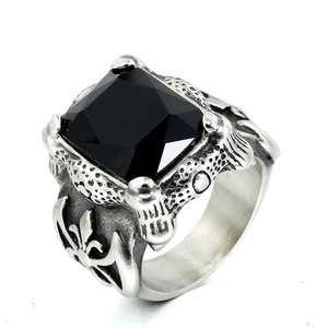 Anello Gotico da Uomo in Acciaio Inox con Pietra Nera Quadrata e Fleur-de-lis