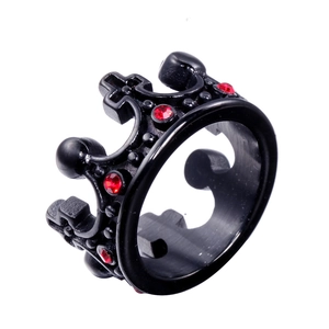 Bague couronne gothique en acier titane noir avec cristaux rouges et croix