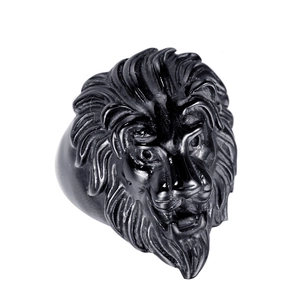 Matte black stainless steel lion head ring with vintage lion face carving on white background