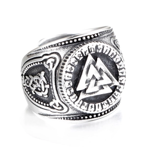 Vintage stainless steel Viking Valknut ring with engraved runes and Celtic patterns