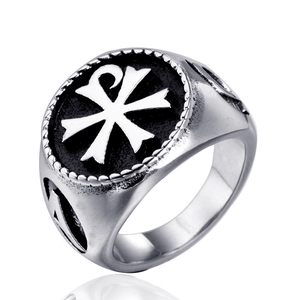 Bague Chevalière Vintage En Acier Inoxydable Pour Hommes Symbole Religieux Chi-Rho Alpha Omega Or Argent Bicolore Gothique Punk Bijoux