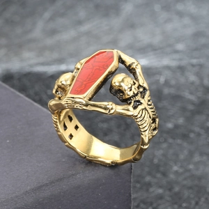 Gothic Stainless Steel Skeleton Coffin Ring For Men Women Vintage Punk Halloween Skull Ring Vampire Fashion Jewelry Gift