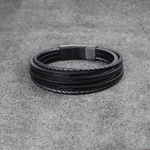 Men's multi-layer black braided leather bracelet with matte black magnetic clasp