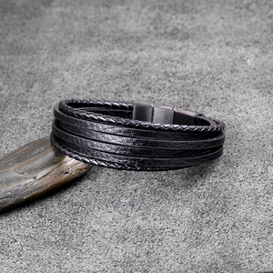 Multi-layer black braided leather cord bracelet with matte metal magnetic clasp for men