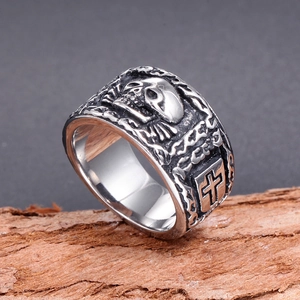 Bague gothique en acier inoxydable avec crâne et os croisés, finition vintage