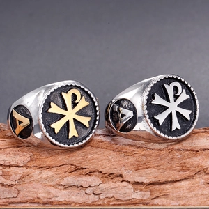 Bague chevalière vintage en acier inoxydable Chi-Rho pour hommes en argent et en or