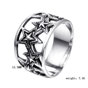 Detail showing weight 7.4g and 15.3mm size of hollow star stainless steel ring