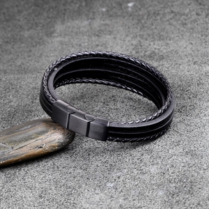 Multi-layer black braided leather bracelet for men with matte metal magnetic clasp