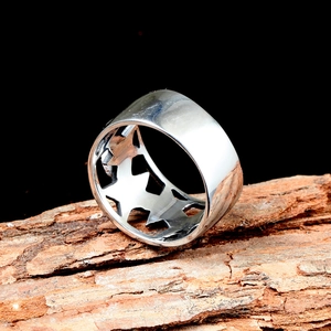 Polished titanium steel geometric cutout ring with jagged star pattern in silver finish